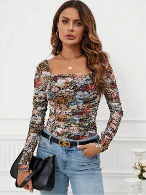Floral Square Neck Mesh Top